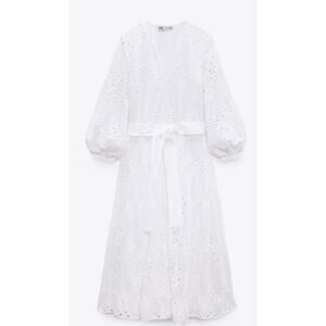 ZARA Openwork Embroidery Midi white lined billow sleeve classy 100% cotton dress